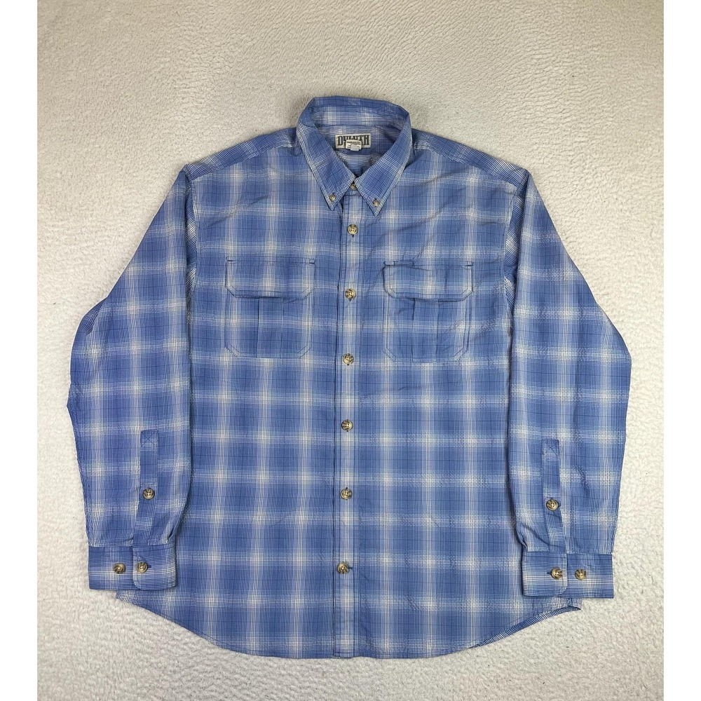 Duluth Trading Co Mens XL Blue Plaid Button Up Long Sleeve Nylon Outdoor Shirt